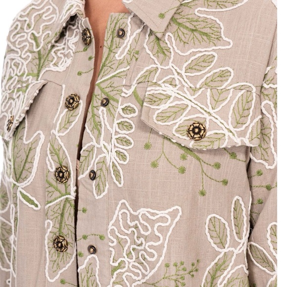 Olive linen embroidered with raised stitching jacket and pant set size medium - Picture 10 of 10